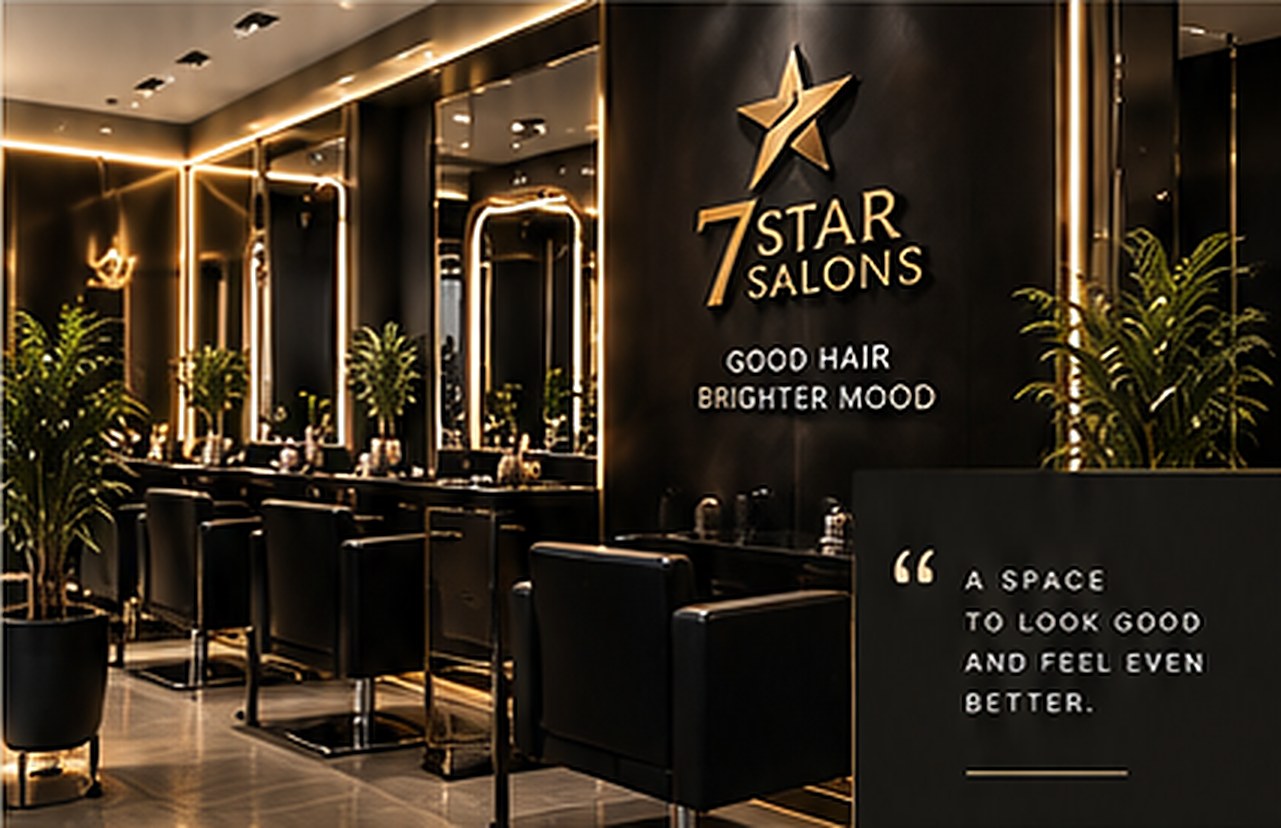Interior of 7StarSalons with gold-lit mirrors and black styling chairs