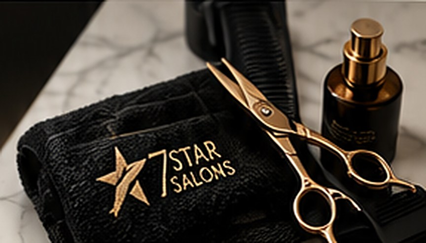 7StarSalons towel, gold scissors and styling products